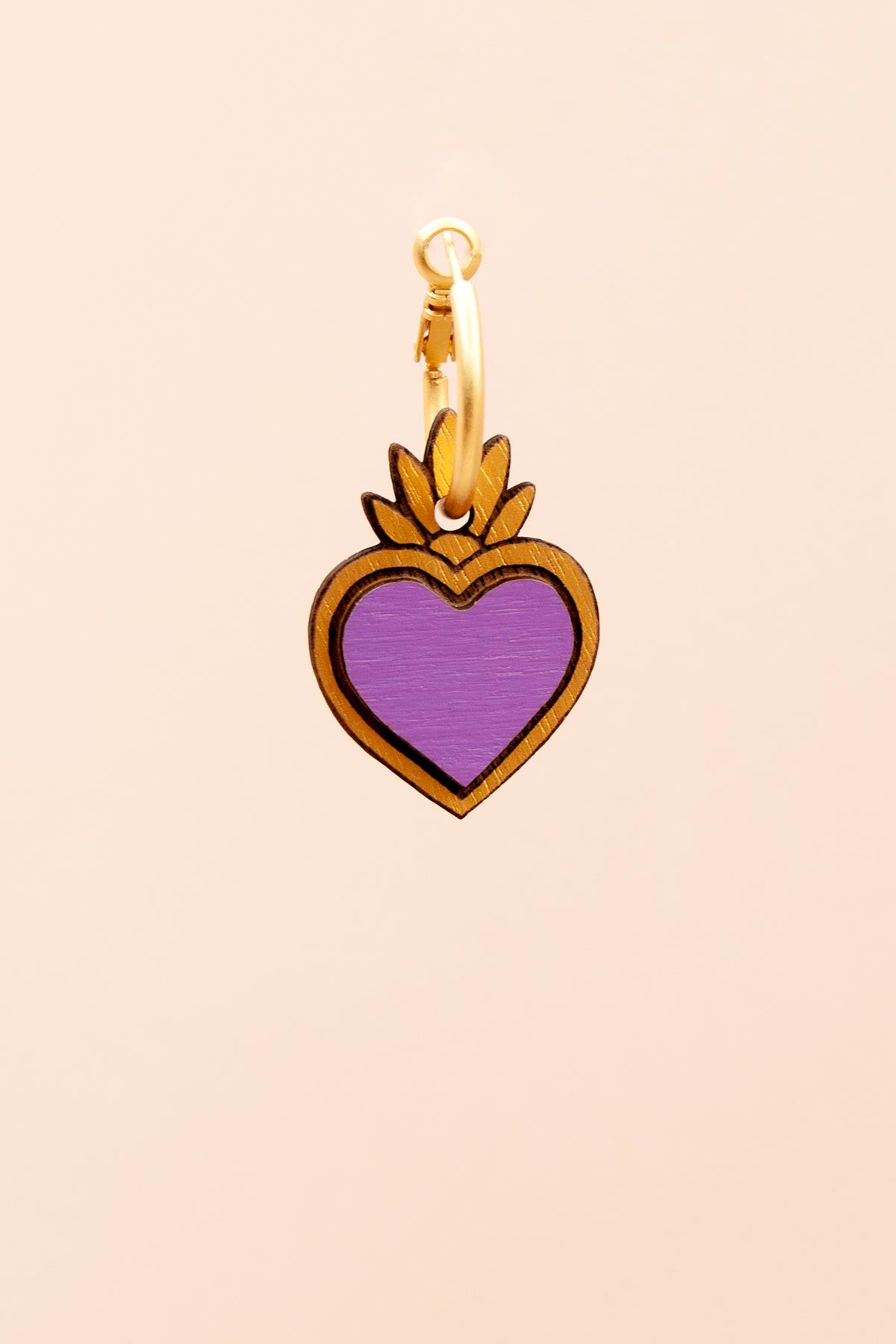 Materia Rica Drop Hoop Wooden Earrings Hand-Painted Violet Corazones