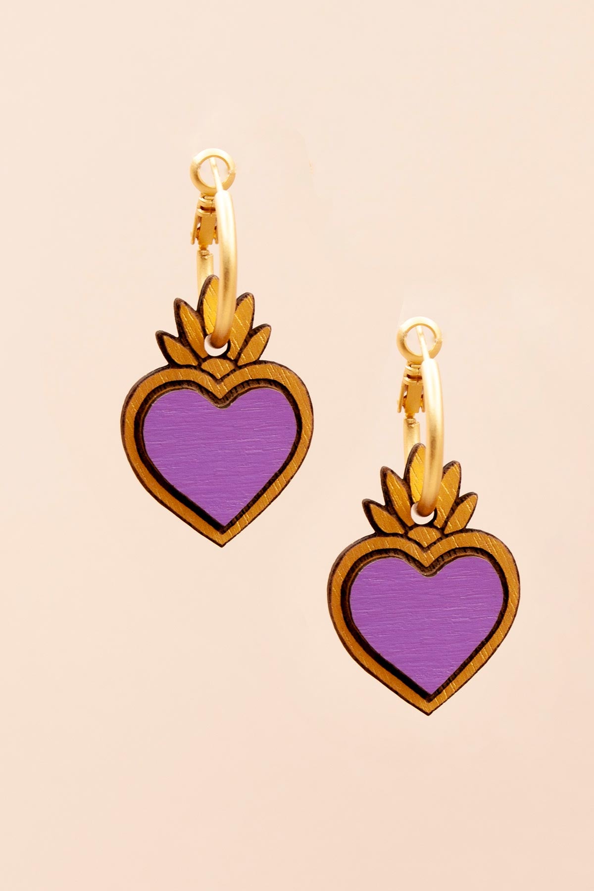 Materia Rica Drop Hoop Wooden Earrings Hand-Painted Violet Corazones