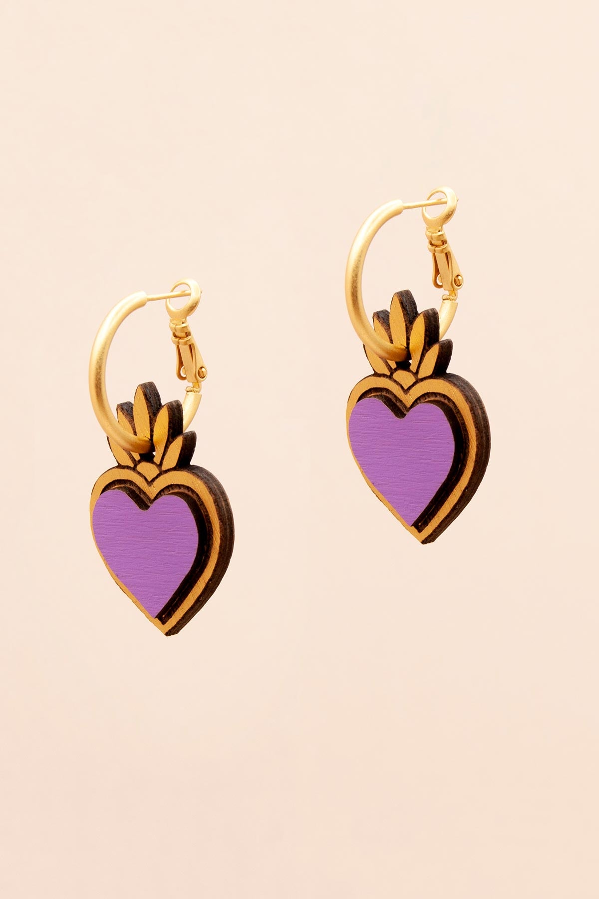 Materia Rica Drop Hoop Wooden Earrings Hand-Painted Violet Corazones