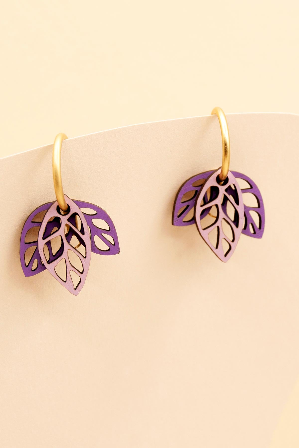 Materia Rica Rustling Leaves Drop Hoop Wooden Earrings In Violet