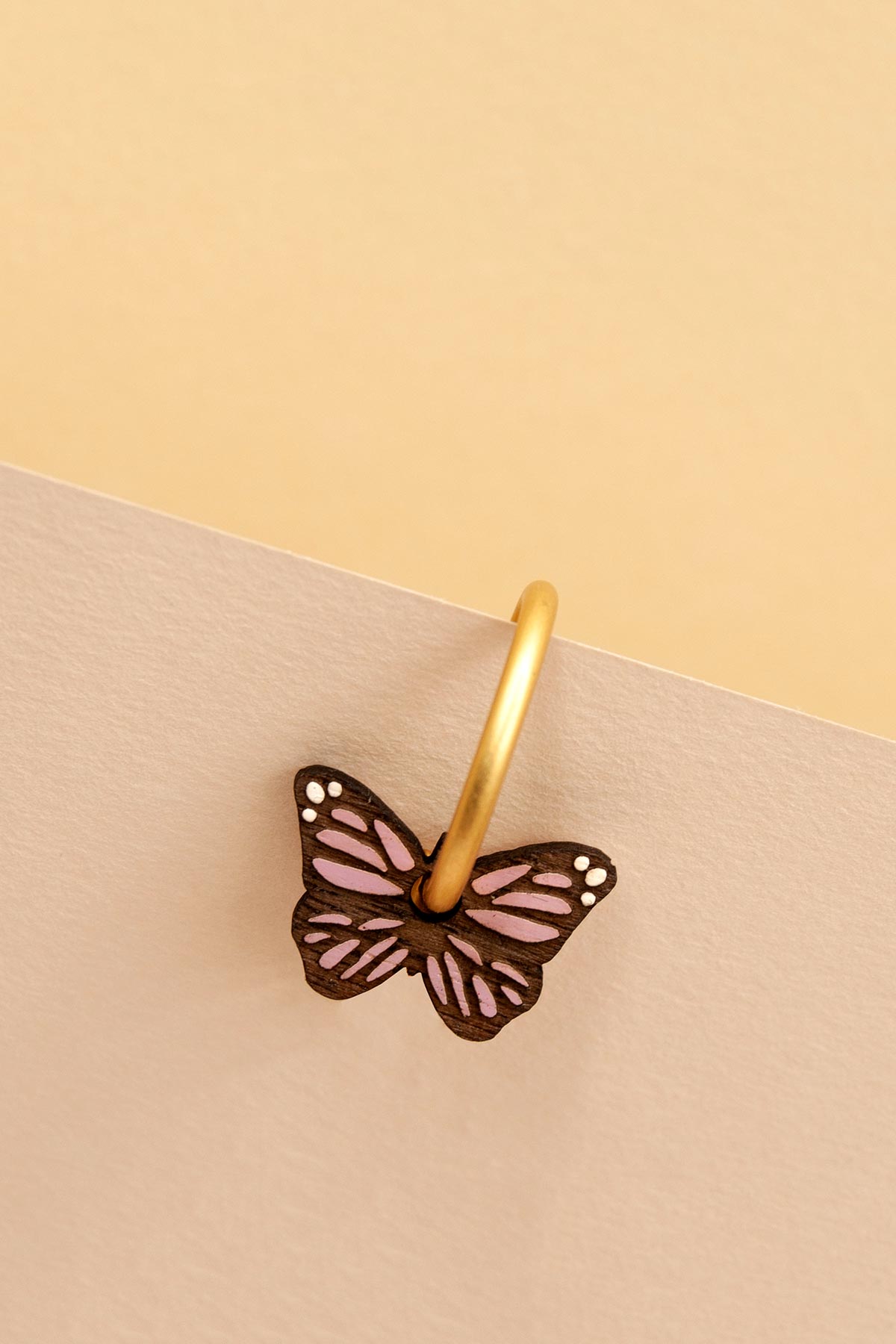 Materia Rica Drop Hoop Wooden Earrings Hand-Painted Violet Butterflies
