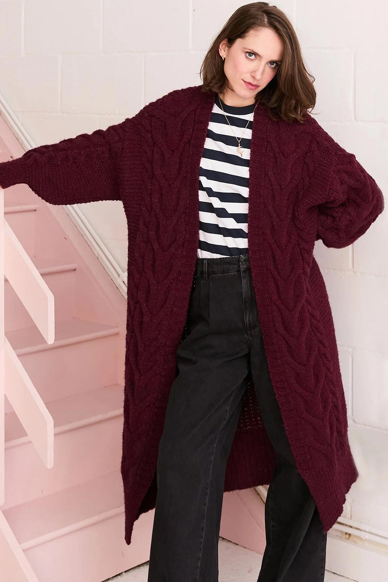 Cara & The Sky Alex Cable Balloon Sleeve Maxi Cardigan In Burgundy