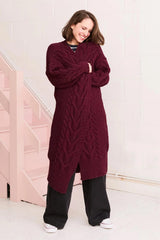 Cara & The Sky Alex Cable Balloon Sleeve Maxi Cardigan In Burgundy