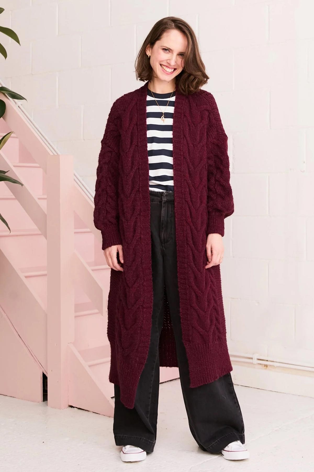 Cara & The Sky Alex Cable Balloon Sleeve Maxi Cardigan In Burgundy