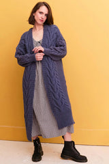 Cara & The Sky Alex Cable Balloon Sleeve Maxi Cardigan In Denim