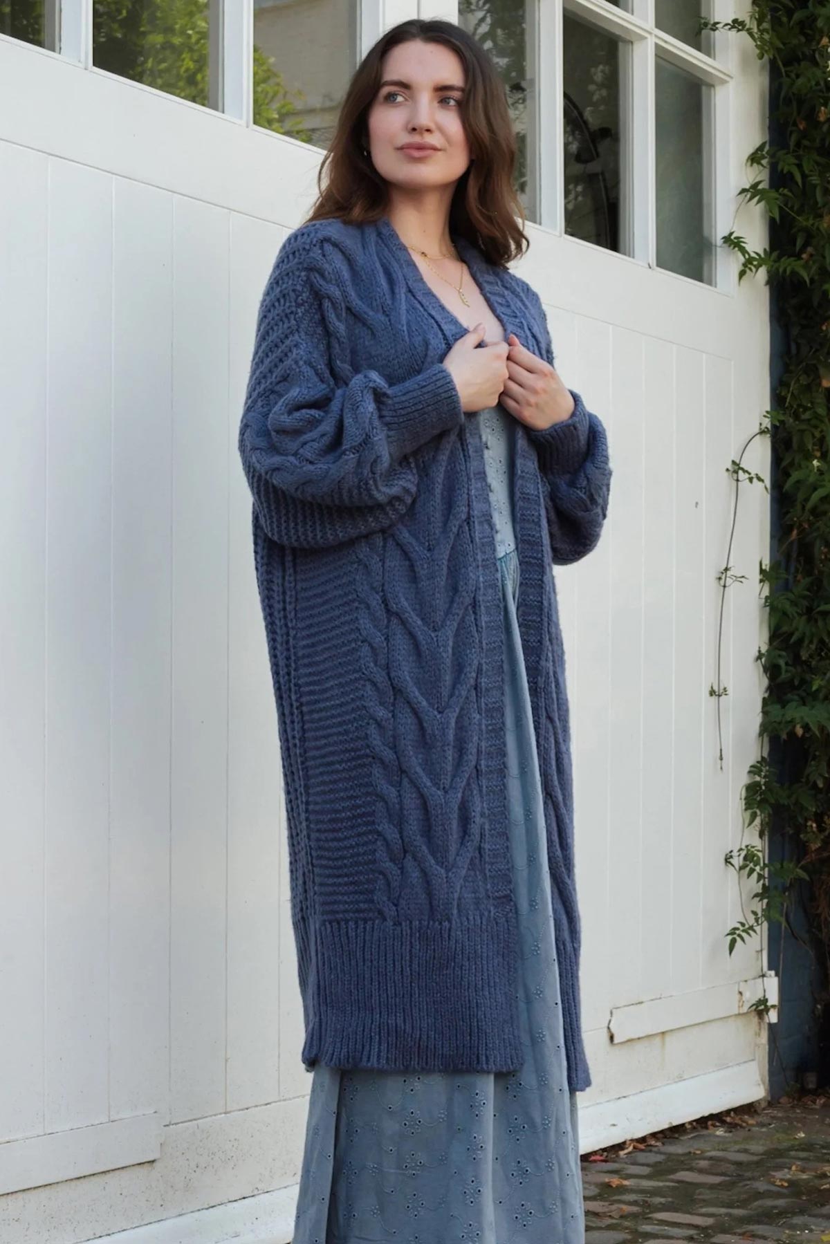 Cara & The Sky Alex Cable Balloon Sleeve Maxi Cardigan In Denim