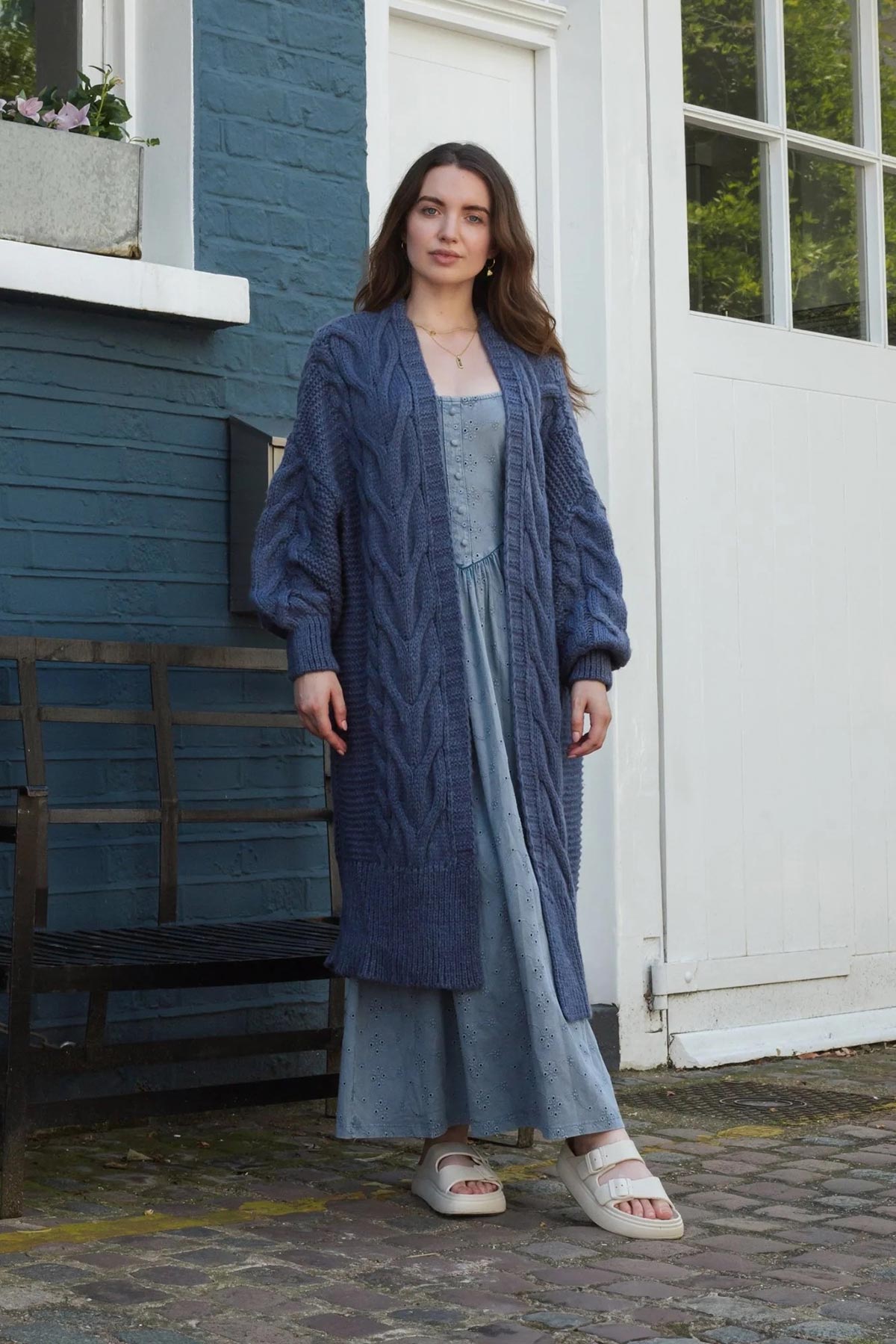 Cara & The Sky Alex Cable Balloon Sleeve Maxi Cardigan In Denim