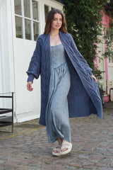 Cara & The Sky Alex Cable Balloon Sleeve Maxi Cardigan In Denim