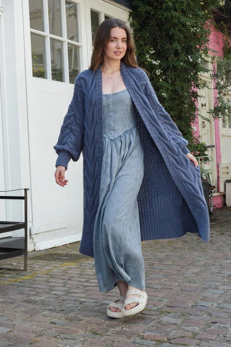 Cara & The Sky Alex Cable Balloon Sleeve Maxi Cardigan In Denim