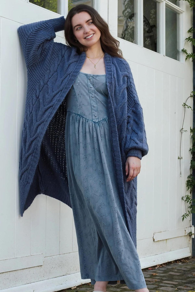 Cara & The Sky Alex Cable Balloon Sleeve Maxi Cardigan In Denim