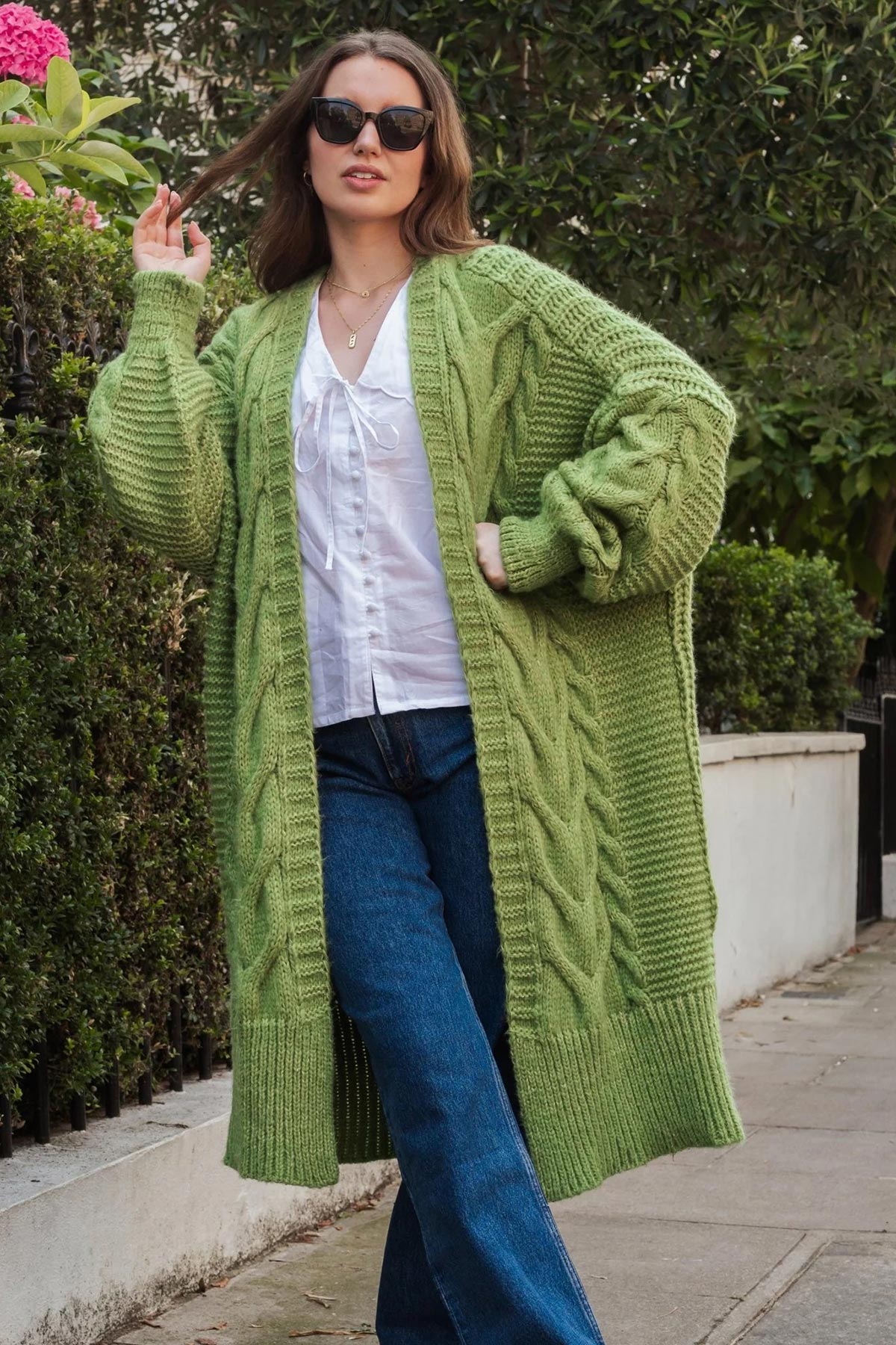 Cara & The Sky Alex Cable Balloon Sleeve Maxi Cardigan In Green