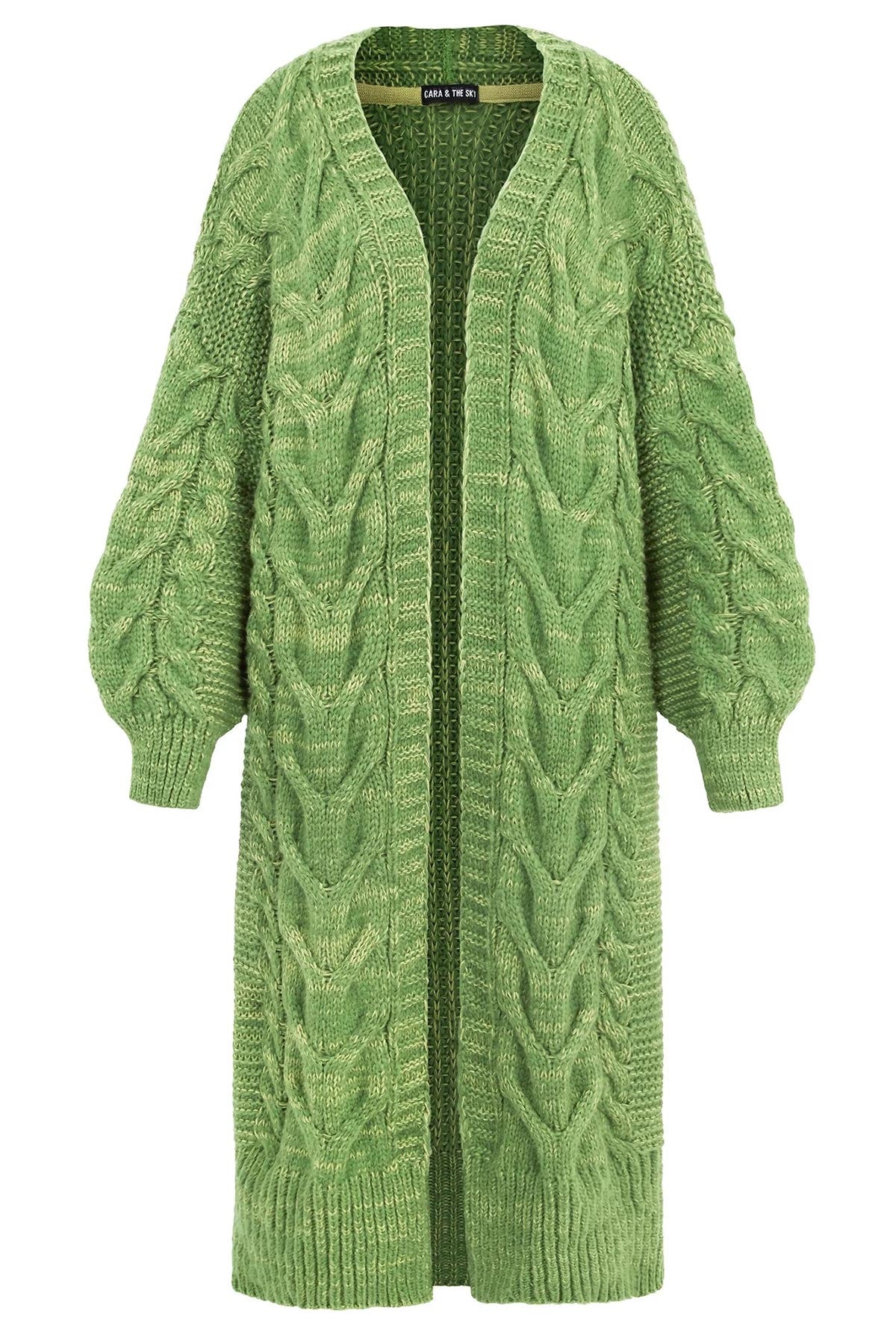 Cara & The Sky Alex Cable Balloon Sleeve Maxi Cardigan In Green