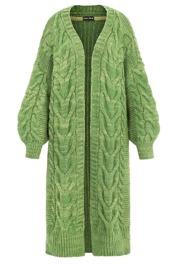 Cara & The Sky Alex Cable Balloon Sleeve Maxi Cardigan In Green