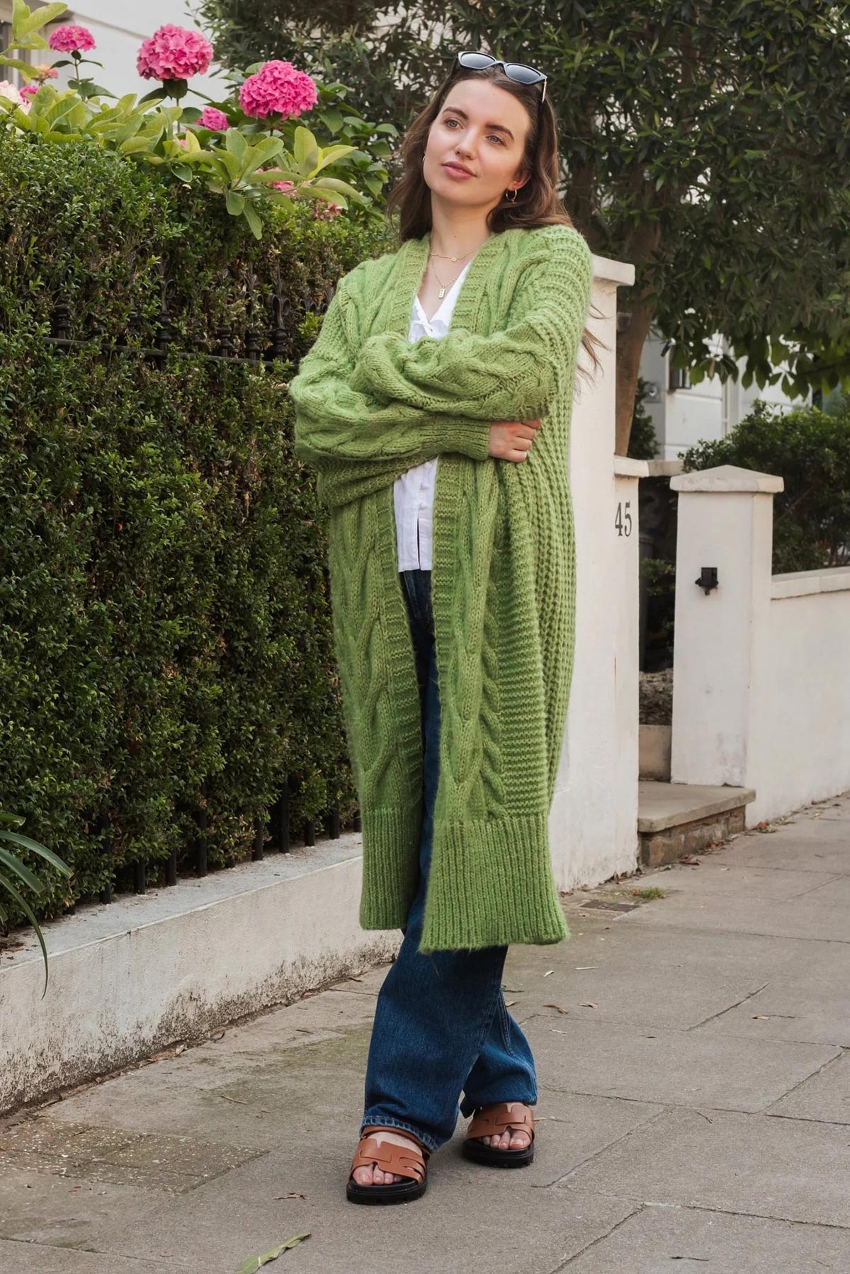 Cara & The Sky Alex Cable Balloon Sleeve Maxi Cardigan In Green