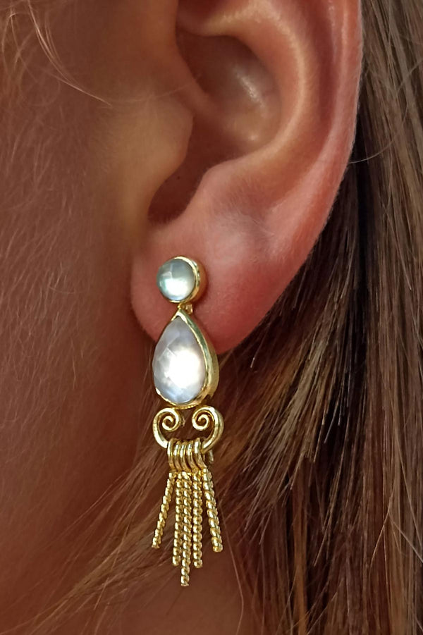 Zepha Double Gemstone Studs With Twisted Rope Tassel | Mother of Pearl