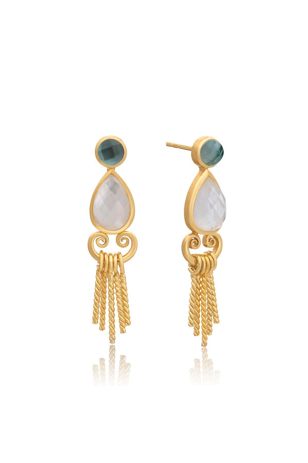 Azuni London Zepha Double Gemstone Studs With Twisted Rope Tassel Mother of Pearl