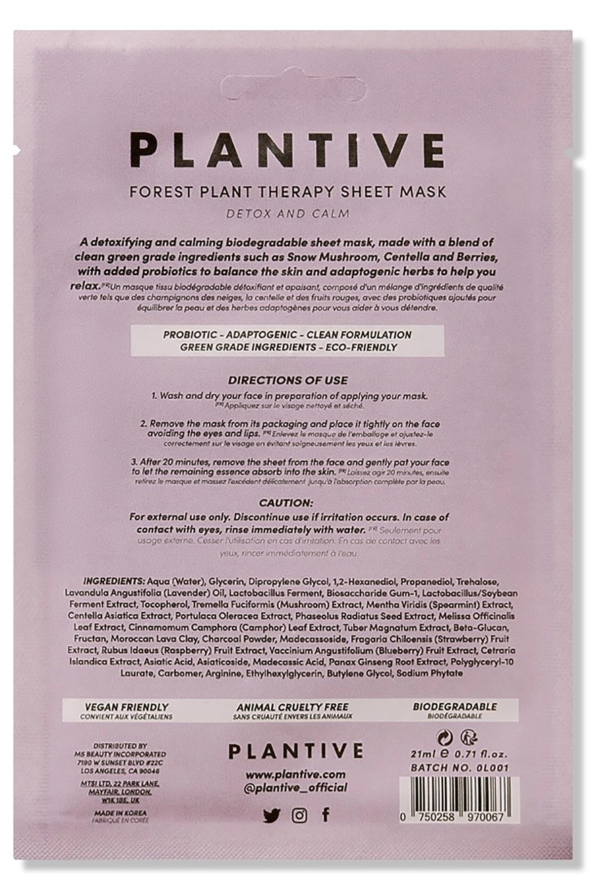 Vitamasques Plantive Therapy Biodegradable Face Sheet Masks