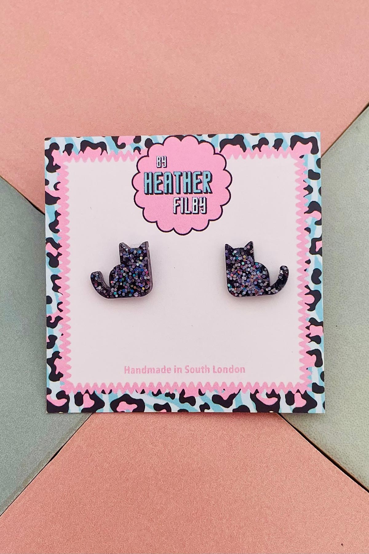 By Heather Filby Black Cat Glitter Stud Earrings