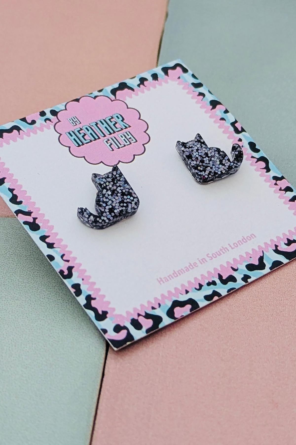 By Heather Filby Black Cat Glitter Stud Earrings