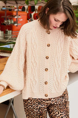 Cara & The Sky Brigit Heart Stitch Balloon Sleeve Cardigan In Off White