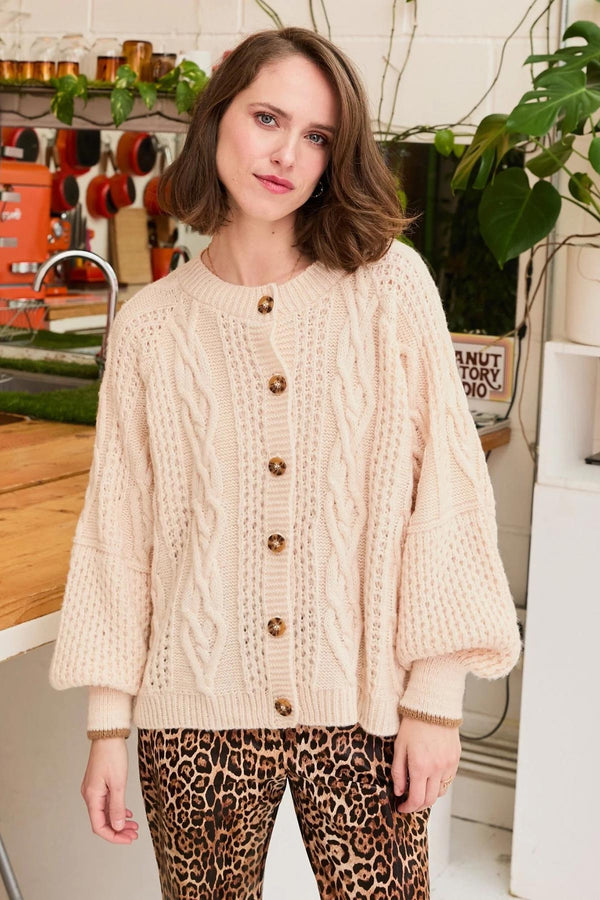 Cara & The Sky Brigit Heart Stitch Balloon Sleeve Cardigan In Off White