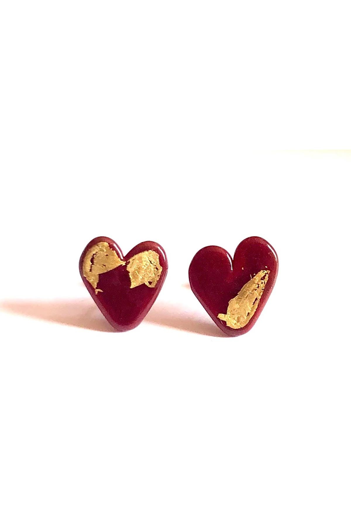 Helen Chalmers Burgundy Gold Handmade Glass Heart Stud Earrings