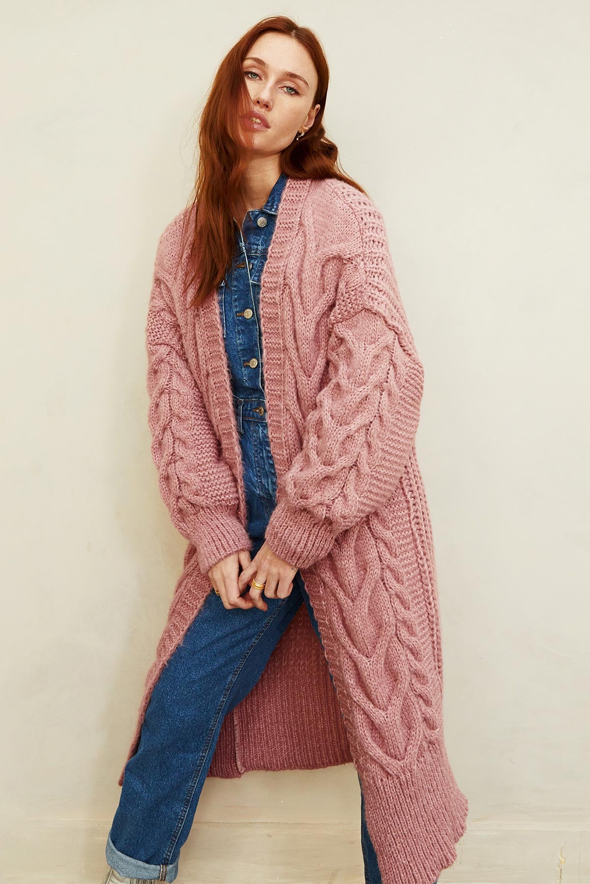 Cara & The Sky Alex Cable Balloon Sleeve Maxi Cardigan In Dusky Pink