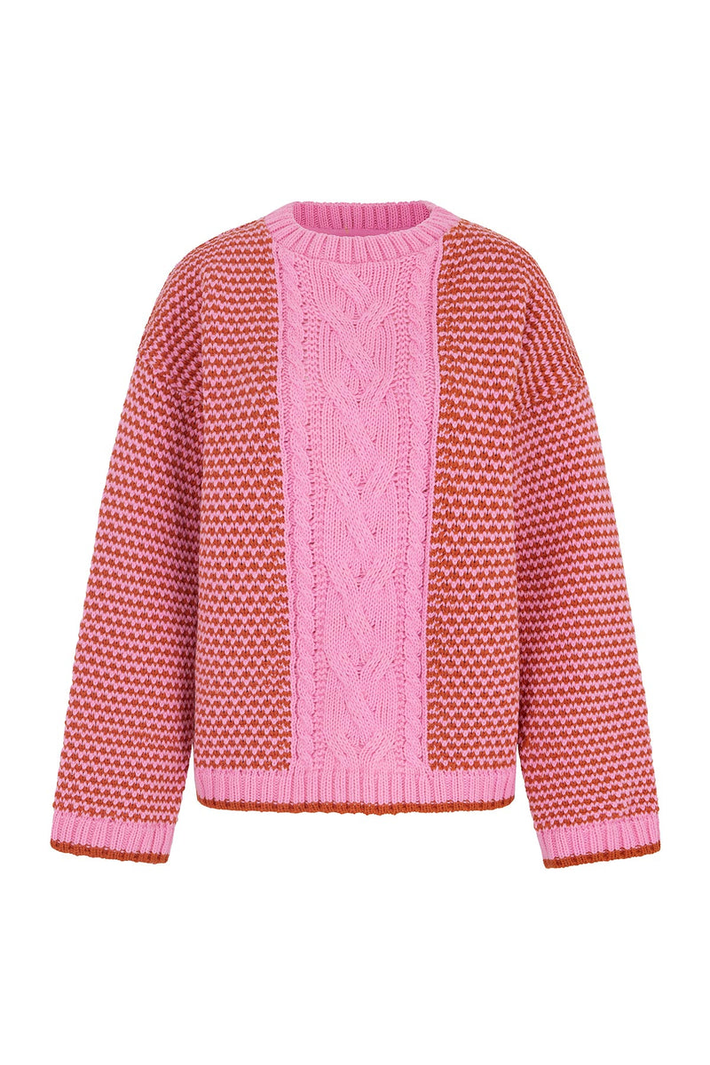 Cara & The Sky Frankie Cable Knit Crew Neck Jumper In Pink