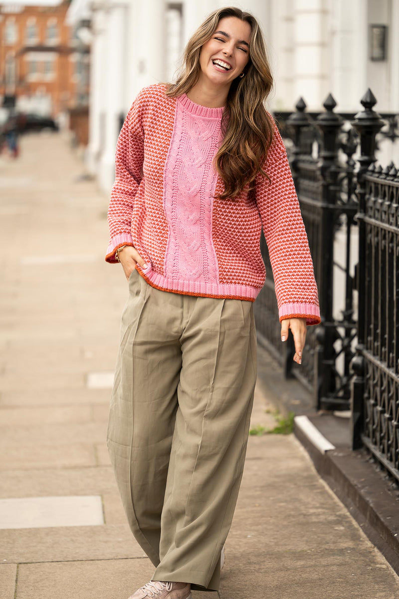 Cara & The Sky Frankie Cable Knit Crew Neck Jumper In Pink