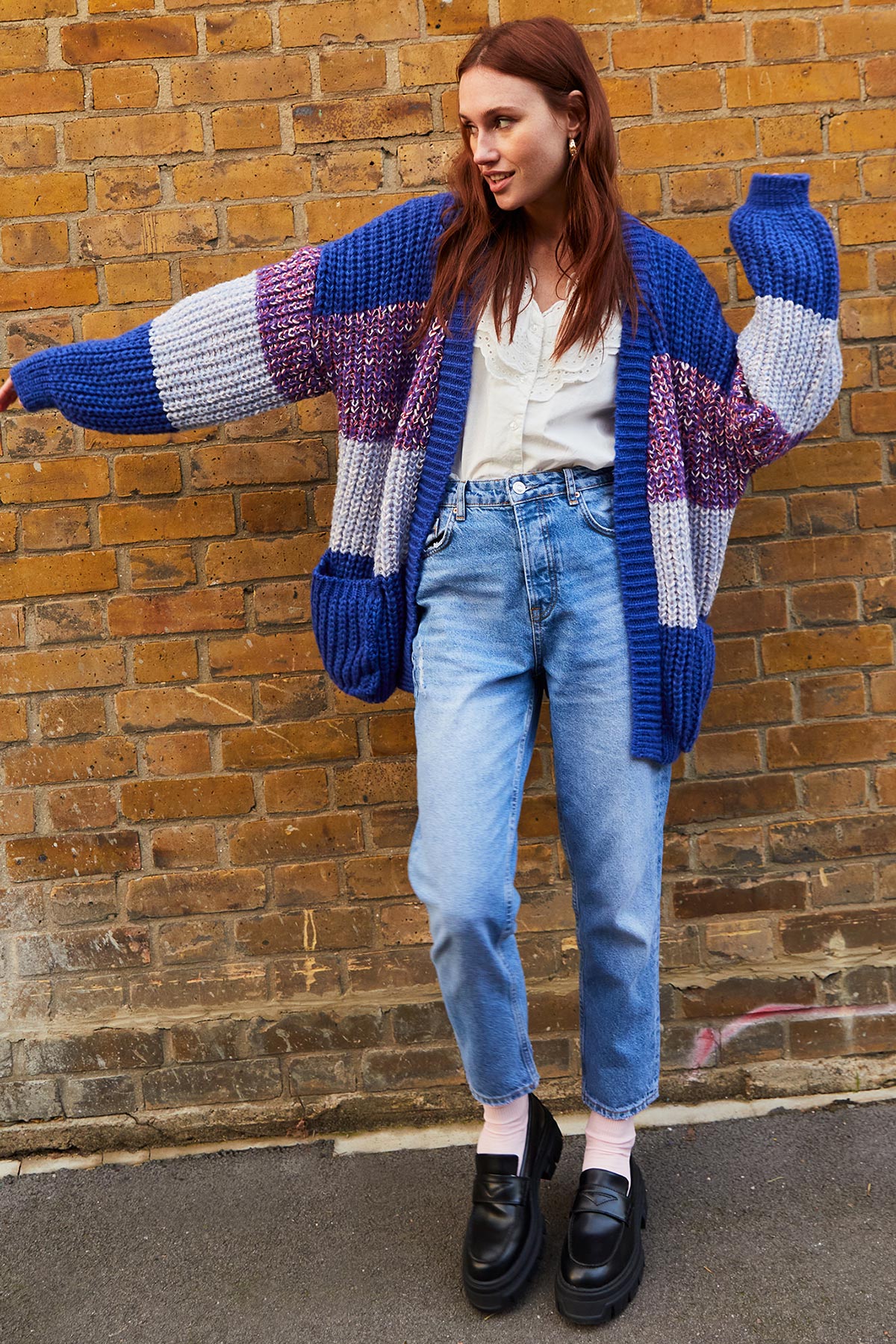 Cara & The Sky Janie Oversized Chunky Stripe Cardigan In Cobalt