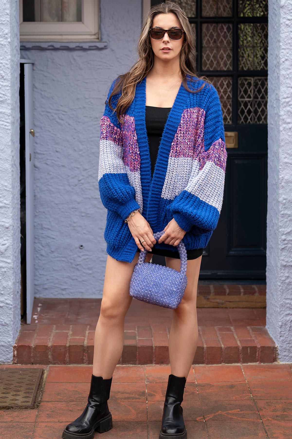 Cara & The Sky Janie Oversized Chunky Stripe Cardigan In Cobalt