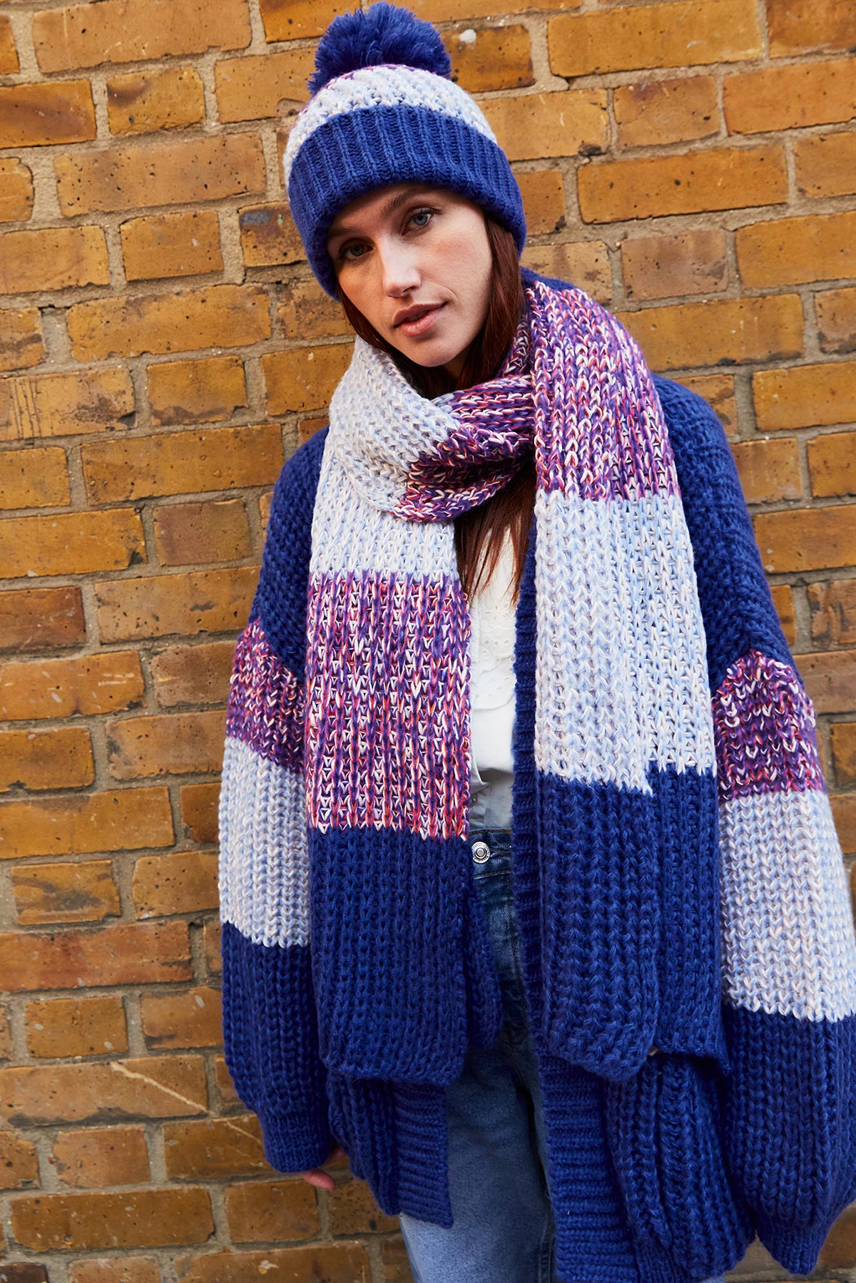 Cara & The Sky Leia Stripe Oversized Chunky Knitted Scarf In Cobalt
