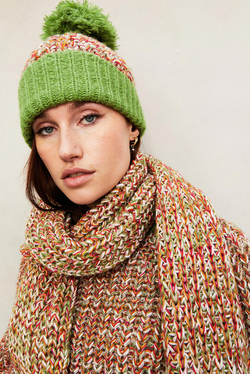 Cara & The Sky Lolly Twist Beanie Bobble Knitted Hat In Olive Green