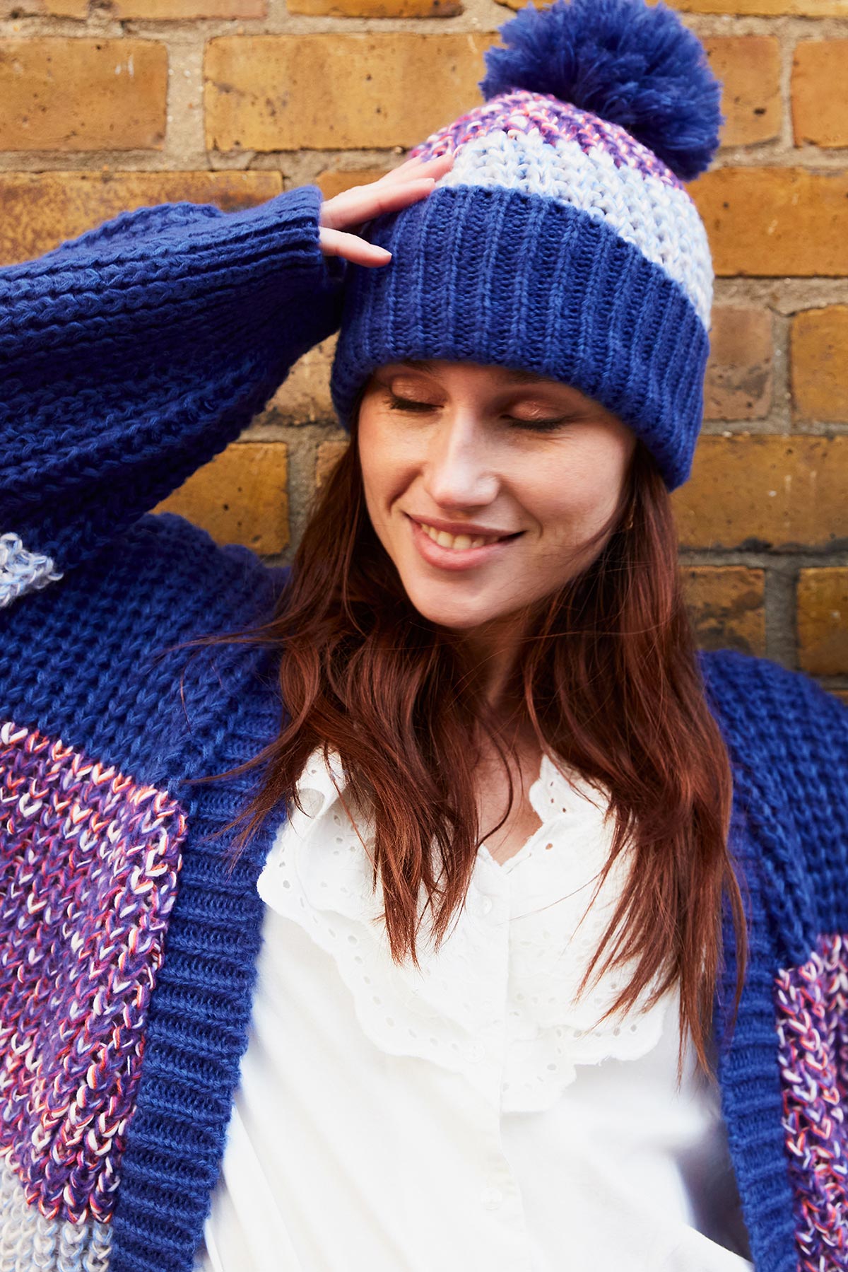 Cara & The Sky Phoebe Stripe Beanie Bobble Hat In Cobalt