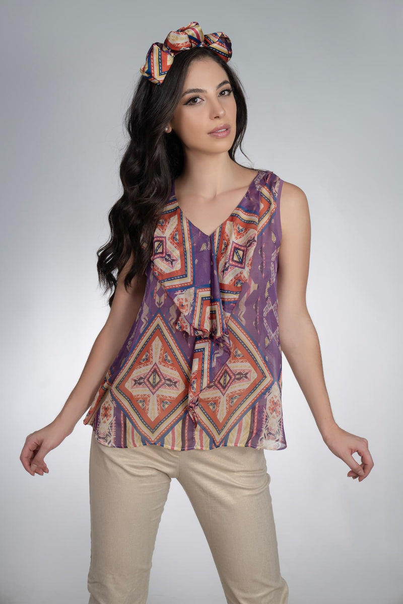 Vivian Contemporary Andean Design Chuti Deep V-Neck Silk Blouse