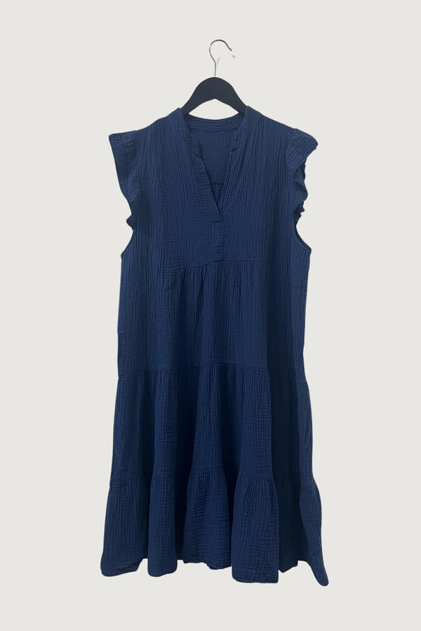 Mia Strada London Cotton Cloque Sleeveless Midi Dress In Navy