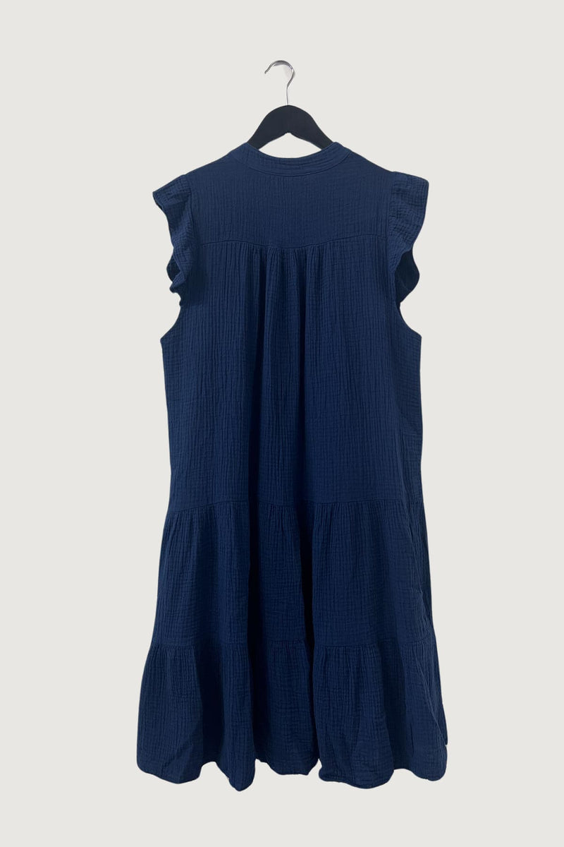 Mia Strada London Cotton Cloque Sleeveless Midi Dress In Navy