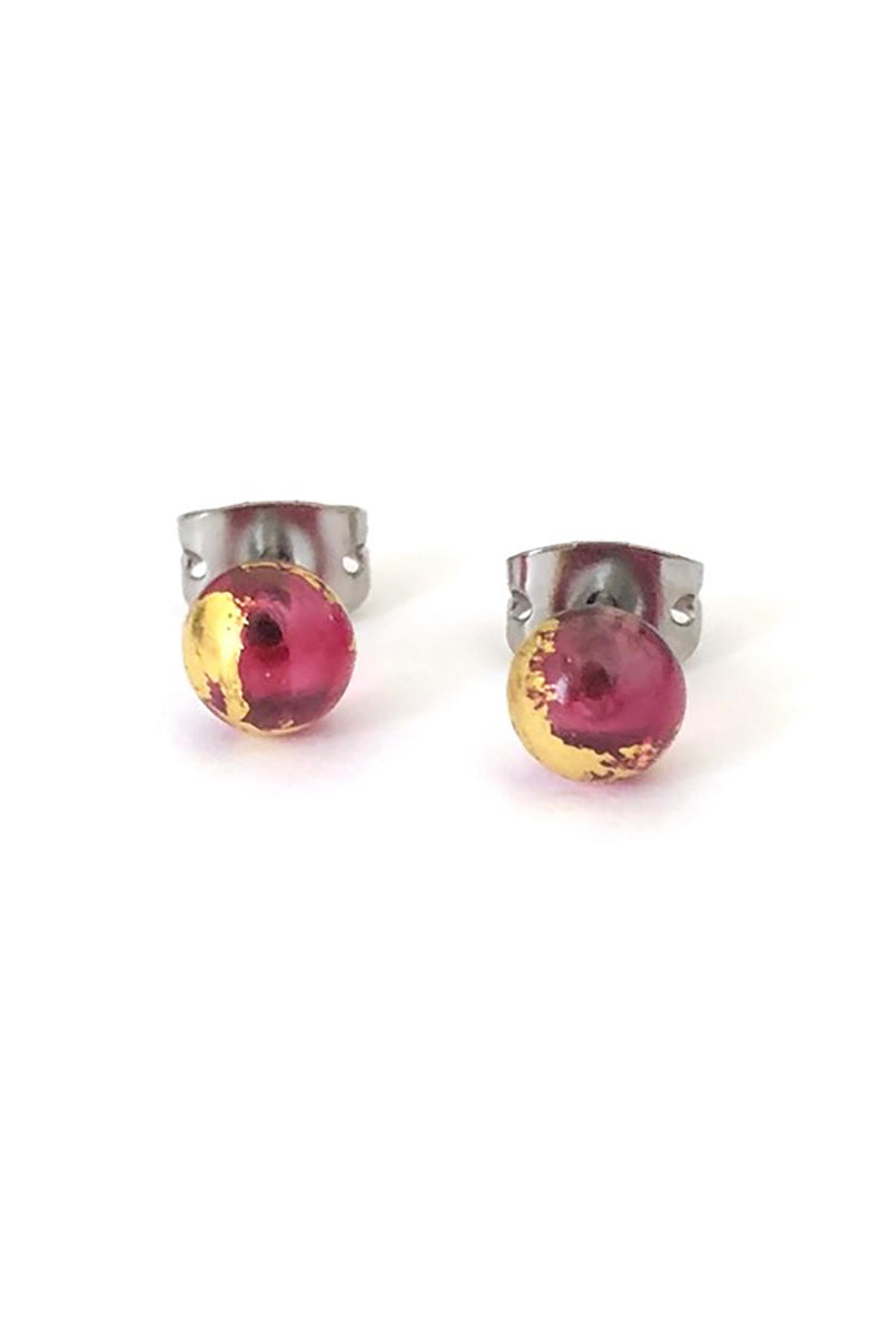 Helen Chalmers Cranberry Pink And Gold Handmade Glass Stud Earrings