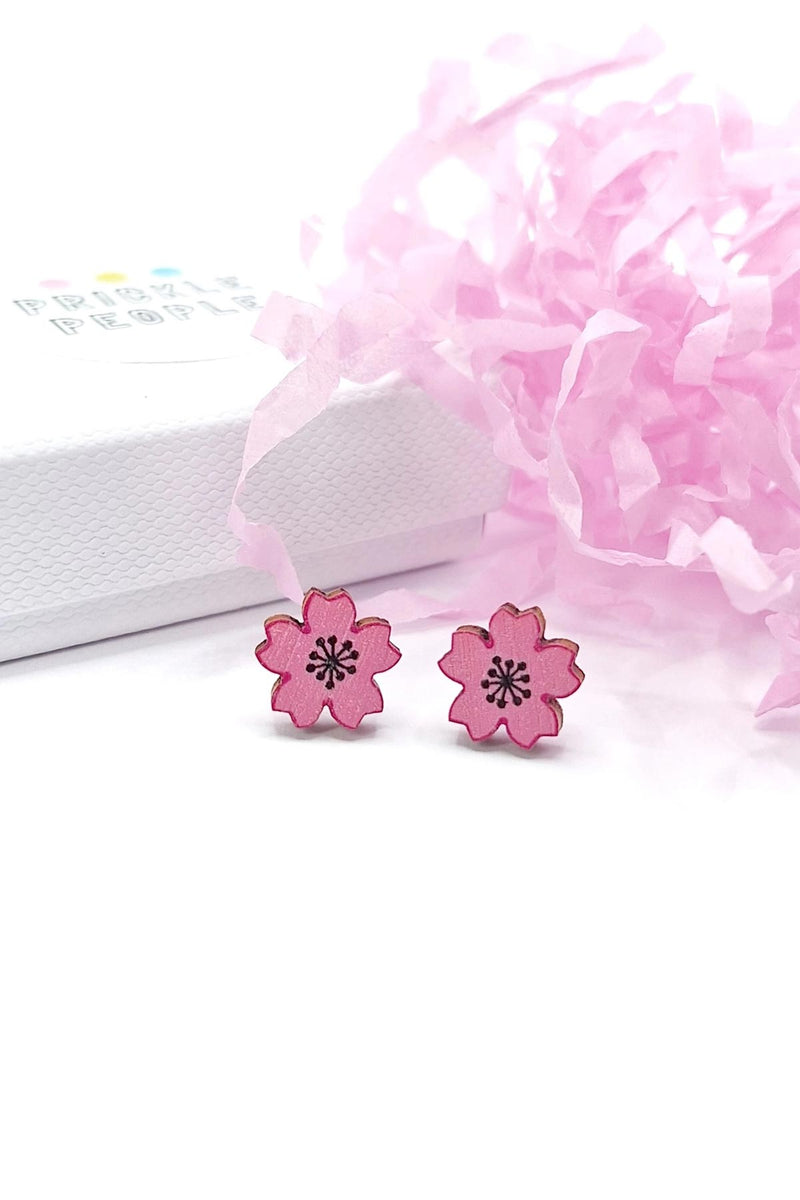 Prickle People Cute Cherry Blossom Wooden Stud Earrings