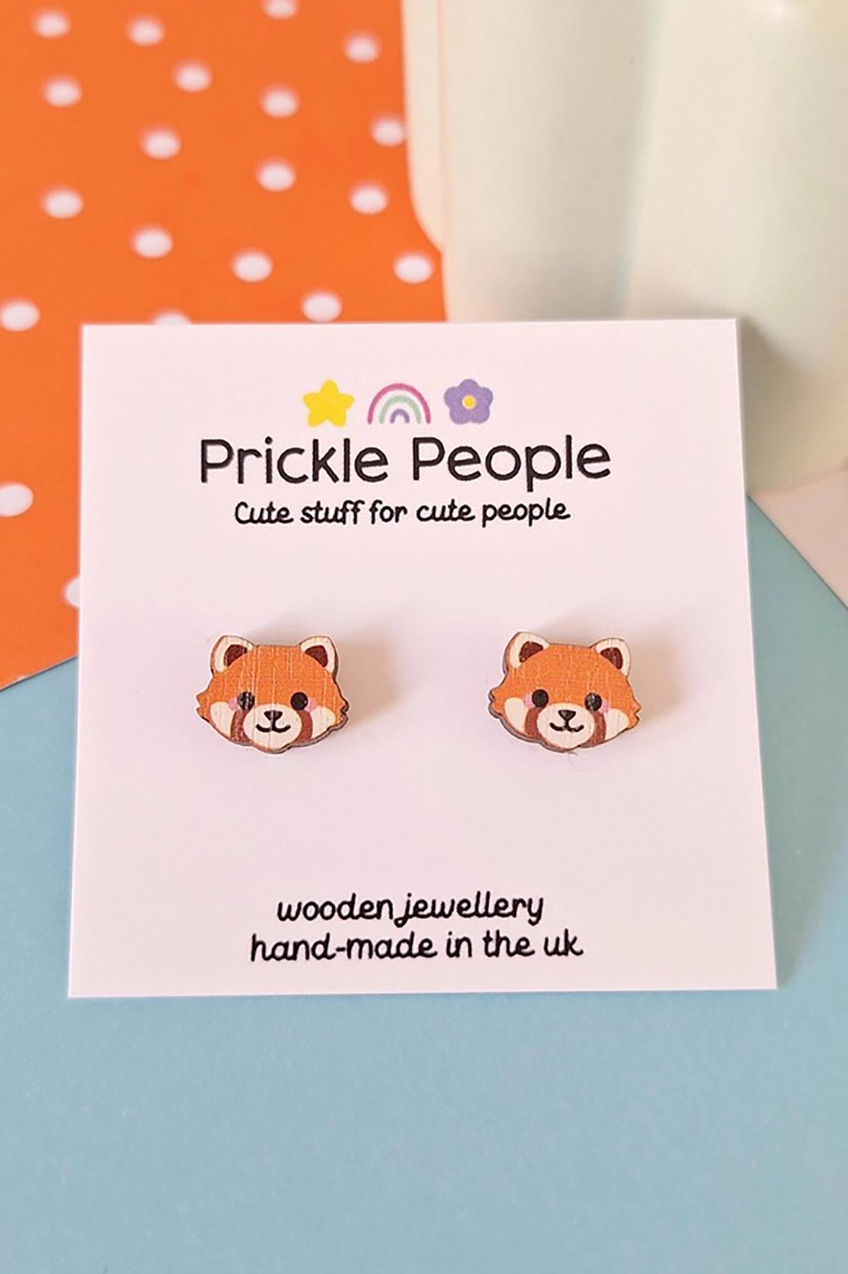 Prickle People Cute Red Panda Wooden Stud Earrings