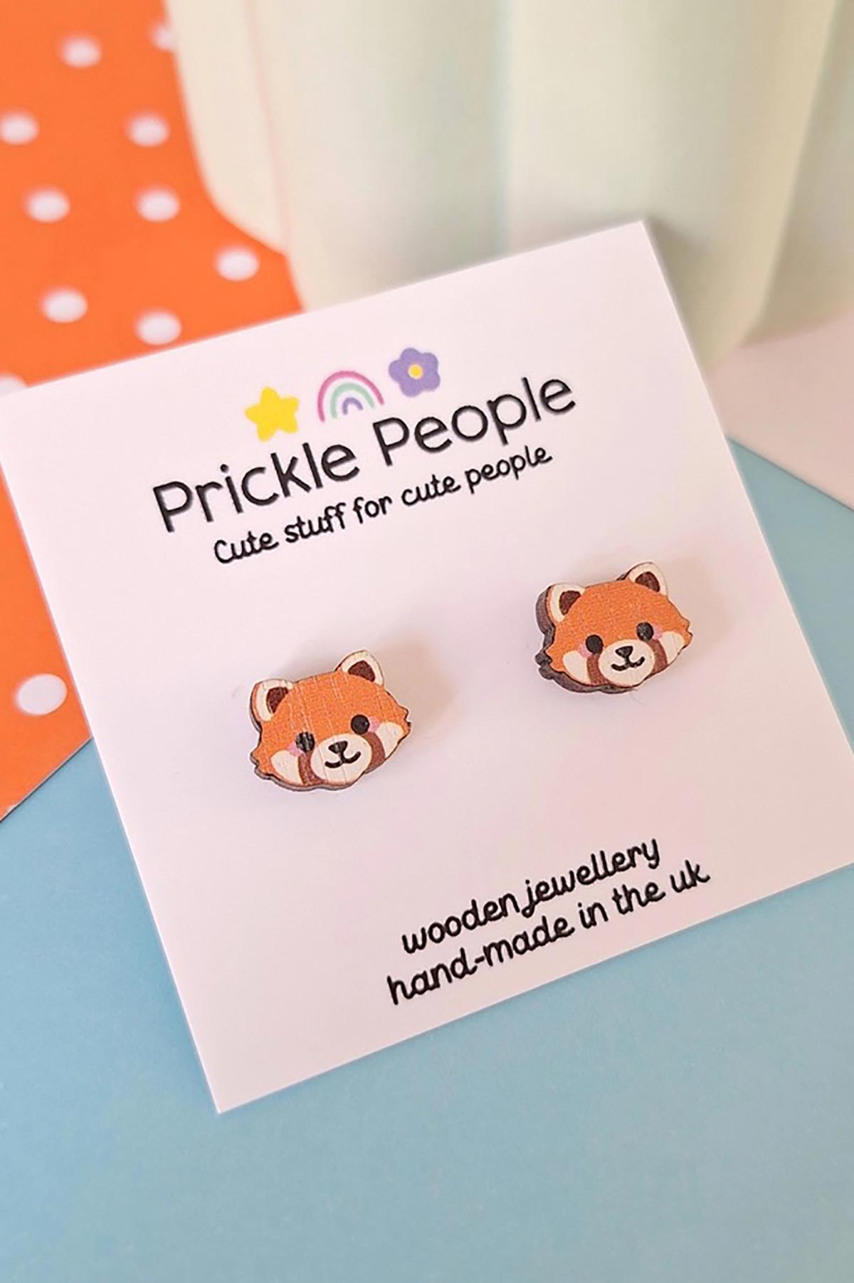 Prickle People Cute Red Panda Wooden Stud Earrings