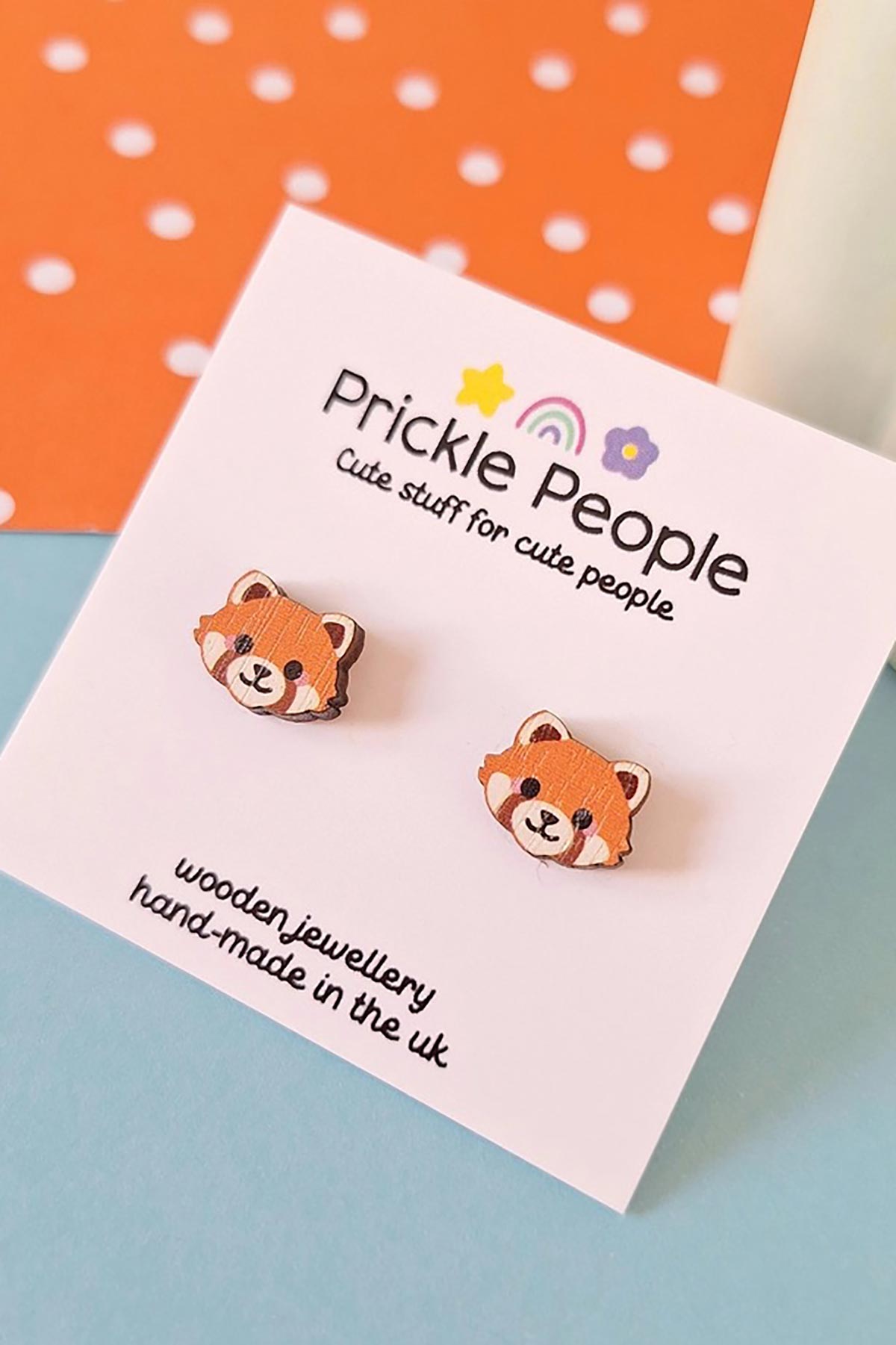 Prickle People Cute Red Panda Wooden Stud Earrings