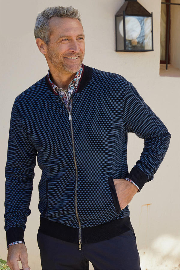 Dario Beltran Tricot Knit Textured Zipped Jacket In Navy Blue