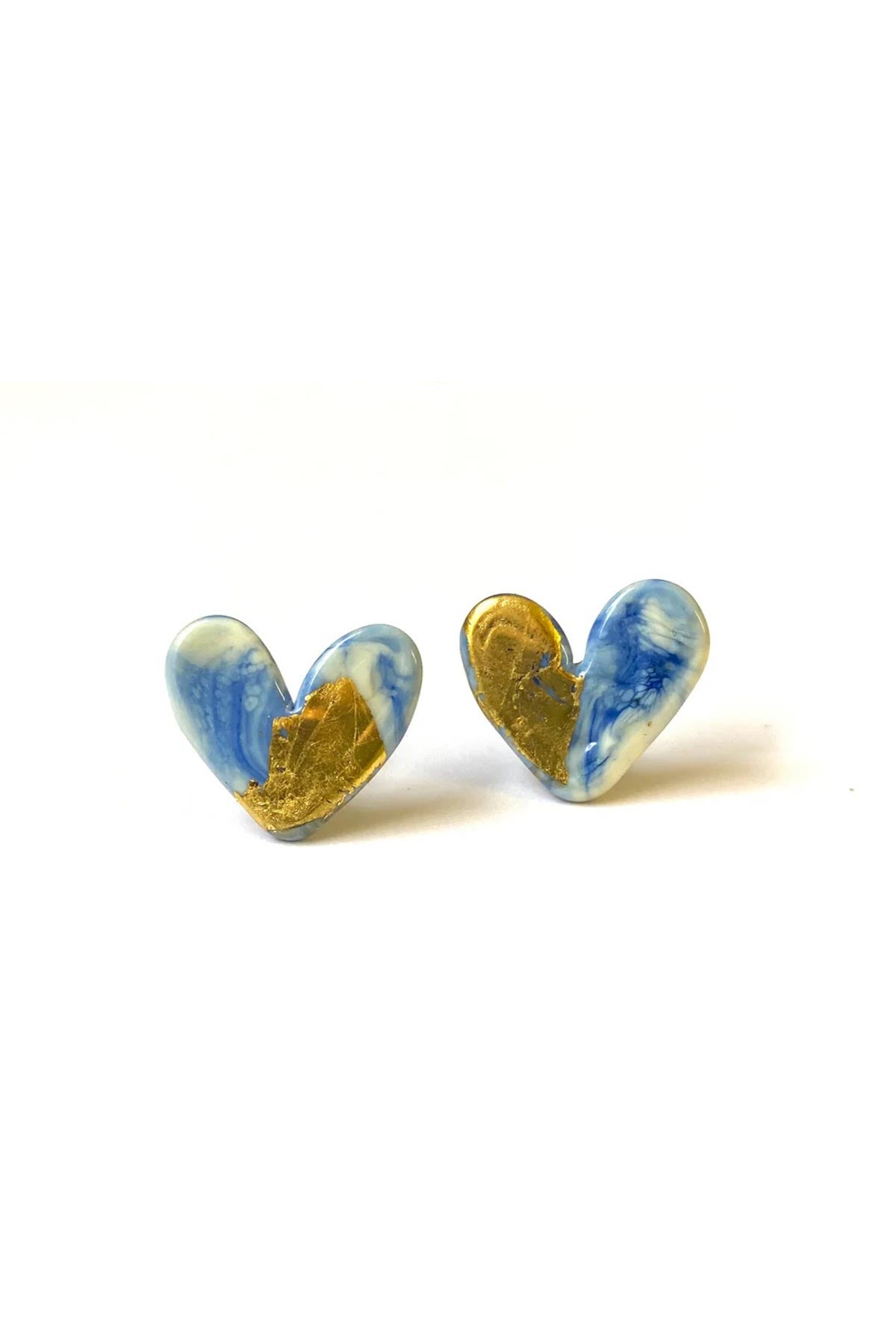 Helen Chalmers Delft Glass And Gold Marble Heart Stud Earrings