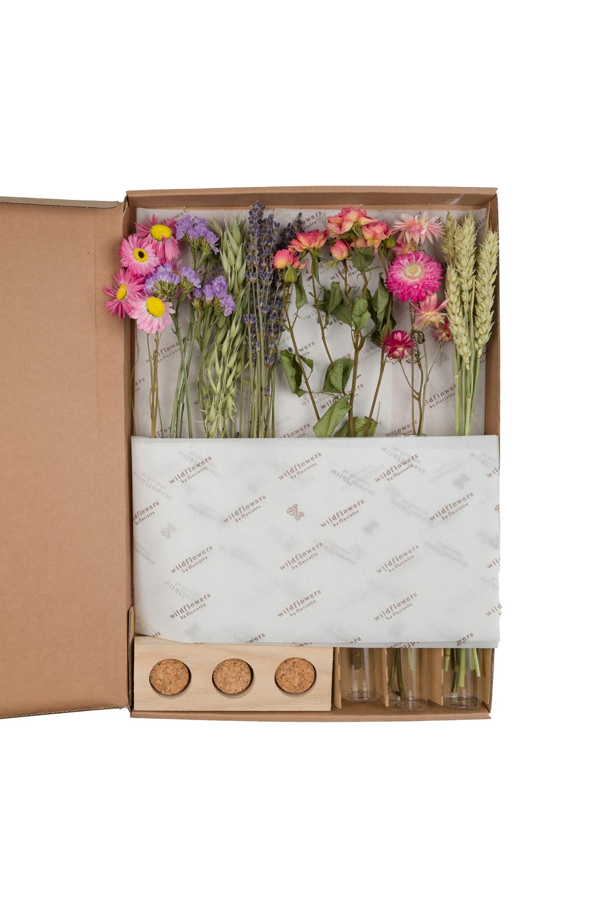 Wildflowers By Floriette Dried Flowers Mailer Gift Box With Vases In Pink