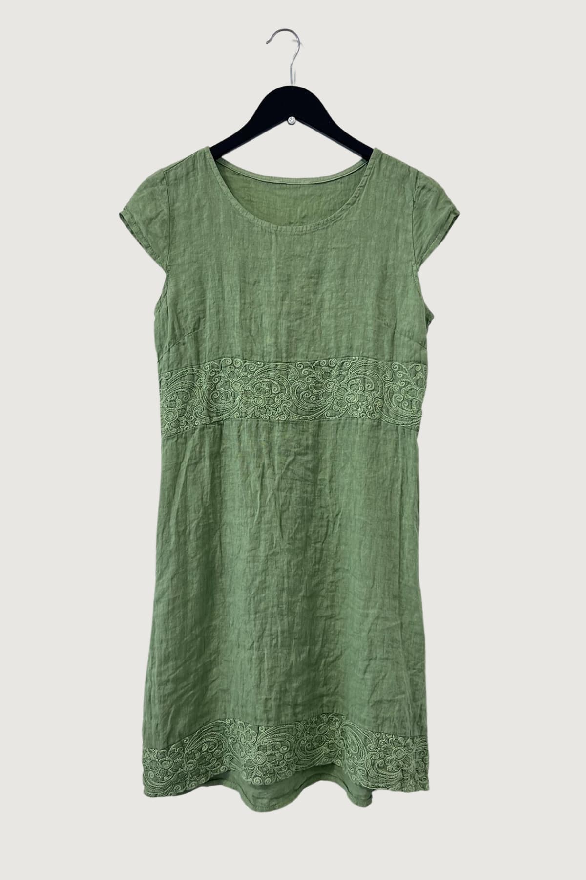 Mia Strada London Embroidered Waist Linen Panelled Dress In Green