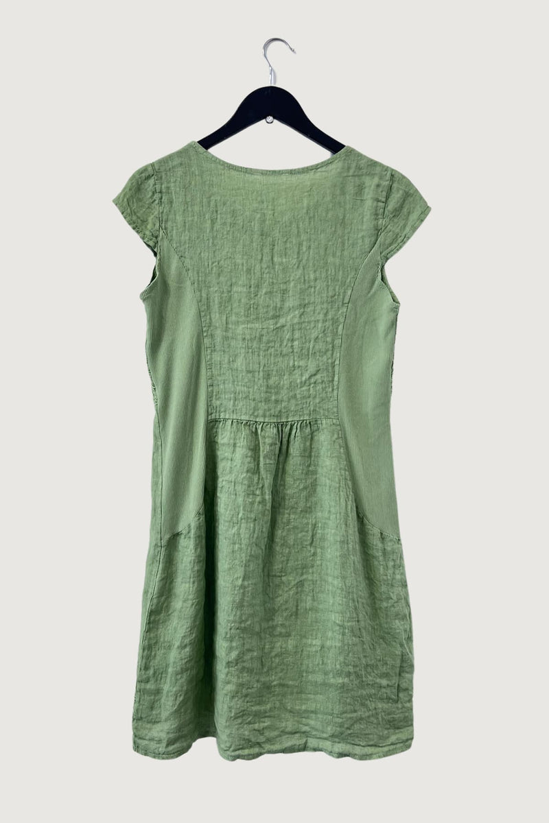 Mia Strada London Embroidered Waist Linen Panelled Dress In Green