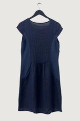 Mia Strada London Embroidered Waist Linen Panelled Dress In Navy Blue