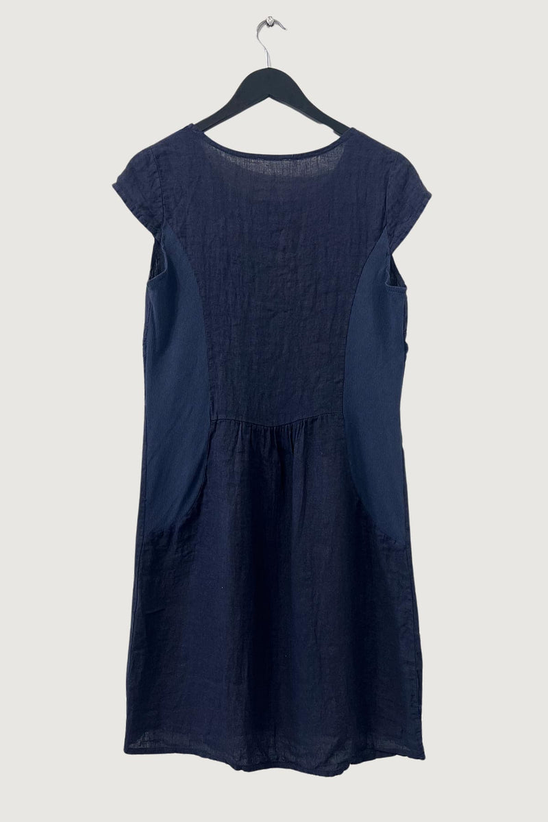 Mia Strada London Embroidered Waist Linen Panelled Dress In Navy Blue