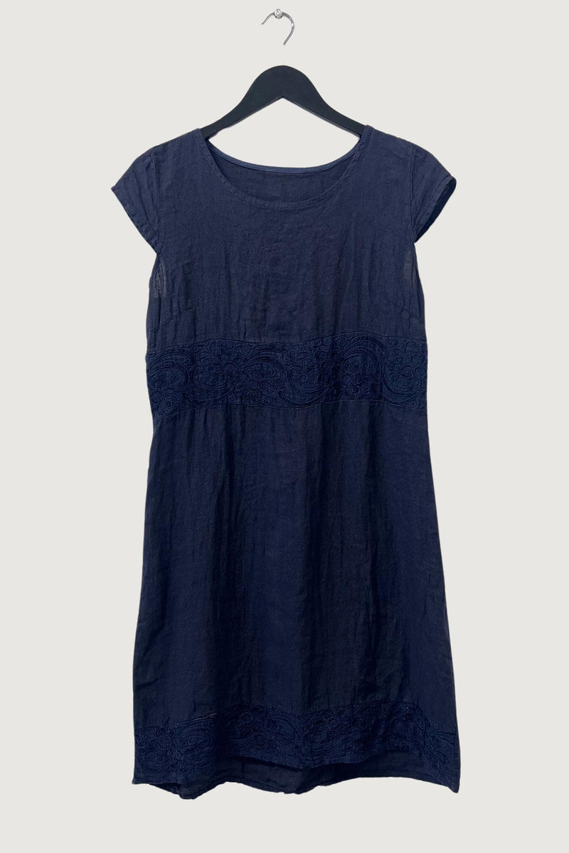 Mia Strada London Embroidered Waist Linen Panelled Dress In Navy Blue